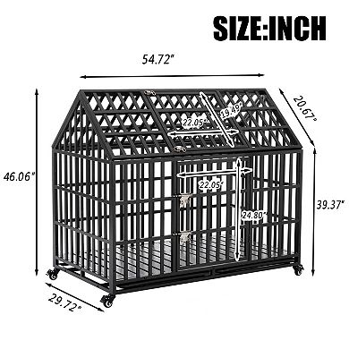 Trikiousd 55" Heavy Duty Metal Dog Crate with Lockable Wheels and Dual Doors
