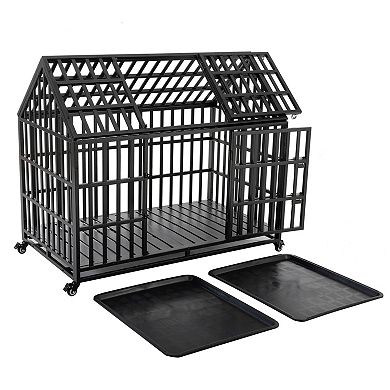 Trikiousd 55" Heavy Duty Metal Dog Crate with Lockable Wheels and Dual Doors
