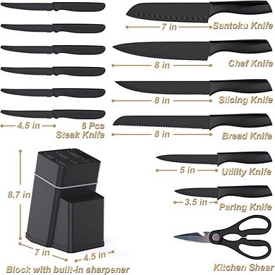 15-Piece Kitchen Knife Set with Knife Block and Built-In Sharpener Stainless Steel