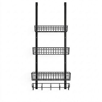 Over The Door Pantry Organizer with 3 Baskets and 5 Hooks Hanging Storage Rack