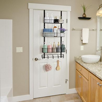 Over The Door Pantry Organizer with 3 Baskets and 5 Hooks Hanging Storage Rack