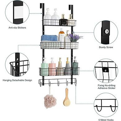 Over The Door Pantry Organizer with 3 Baskets and 5 Hooks Hanging Storage Rack