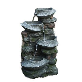 Cement Round Ribbed Outdoor Water Fountain with Color Change Light