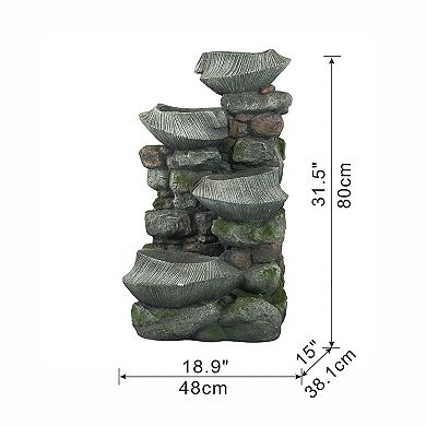 Cement Round Ribbed Outdoor Water Fountain with Color Change Light