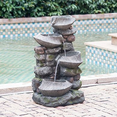 Cement Round Ribbed Outdoor Water Fountain with Color Change Light