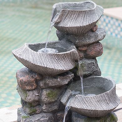 Cement Round Ribbed Outdoor Water Fountain with Color Change Light