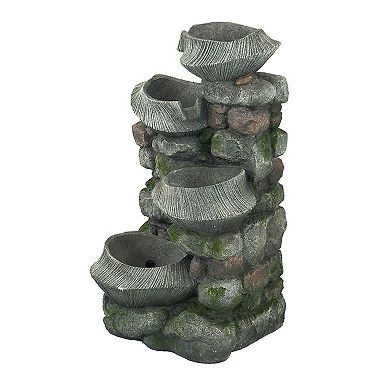 Cement Round Ribbed Outdoor Water Fountain with Color Change Light