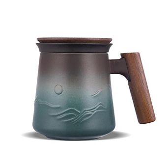 Embossed Ceramic Tea Cup with Lid and Wooden Handle