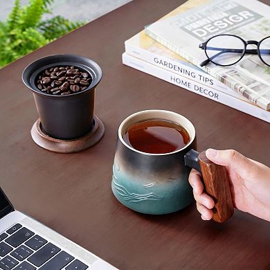 Embossed Ceramic Tea Cup with Lid and Wooden Handle