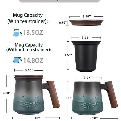 Embossed Ceramic Tea Cup with Lid and Wooden Handle
