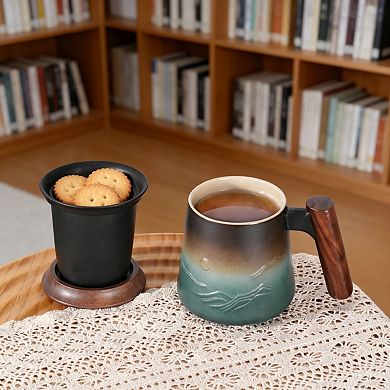 Embossed Ceramic Tea Cup with Lid and Wooden Handle