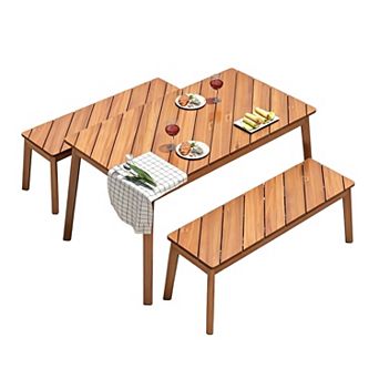 3 pc Acacia Wood Outdoor Dining Set with Two Benches for Patio & Garden