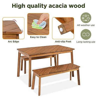 3-Piece Acacia Wood Outdoor Dining Set with Two Benches for Patio & Garden