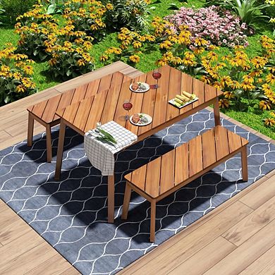 3-Piece Acacia Wood Outdoor Dining Set with Two Benches for Patio & Garden