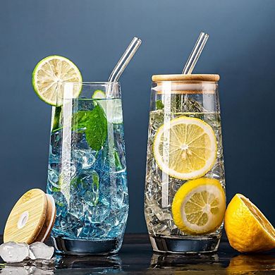 Highball Glass Set, Crystal Tumblers with Reusable Bamboo Lids