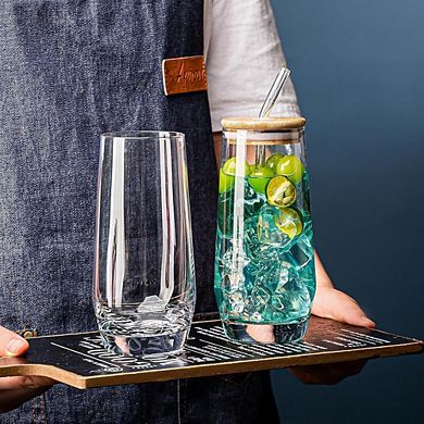 Highball Glass Set, Crystal Tumblers with Reusable Bamboo Lids