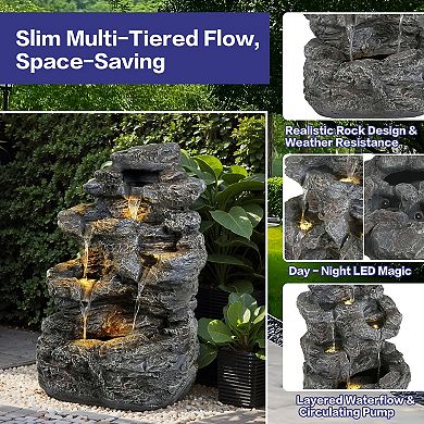 6-Tier Outdoor Cascading Stone Water Fountain with LED Lights
