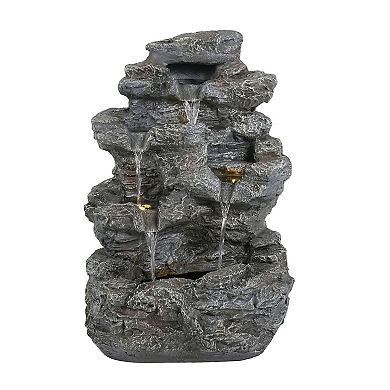 6-Tier Outdoor Cascading Stone Water Fountain with LED Lights