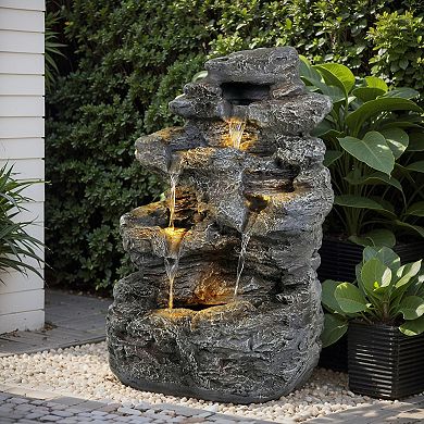 6-Tier Outdoor Cascading Stone Water Fountain with LED Lights