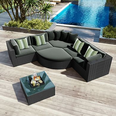 7-Piece Outdoor Wicker Sectional Sofa Set with All-Weather Cushions & Accent Pillows