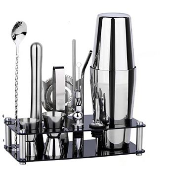 15 pc Cocktail Shaker Set with Acrylic Stand, Bar Tools for Home & Parties, Silver