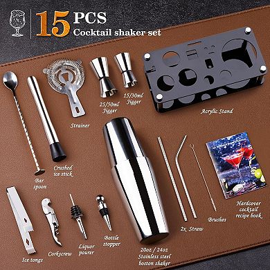 15-Piece Cocktail Shaker Set with Acrylic Stand, Bar Tools for Home & Parties, Silver
