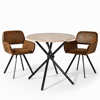 Homy Casa 3 pc Dining Table Chairs Set, Round Table with 2 Chairs, Metal Frame