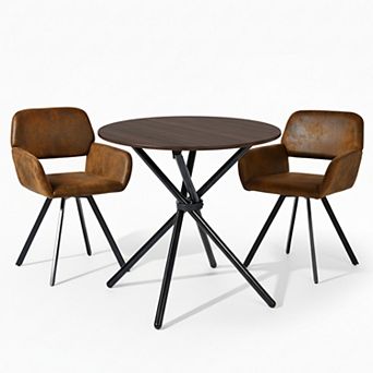 Homy Casa 3 pc Dining Table and Chairs Set, Walnut Brown Round Table with 2 Chairs