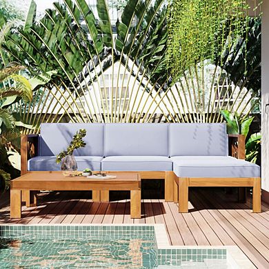 5-Piece Acacia Wood Sectional Seating Group with X-Back Frame & Plush Cushions