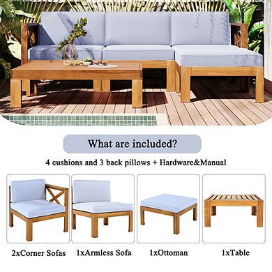 5-Piece Acacia Wood Sectional Seating Group with X-Back Frame & Plush Cushions