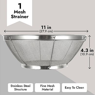Stainless Steel Mesh Strainer - Durable, Rust-Resistant, Ergonomic Handle, Dishwasher Safe, 11x4