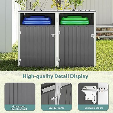 Liyarya Outdoor Metal Garbage Can Sheds for 2 Trash Bins, Pneumatic Support Rod and Lockable Doors