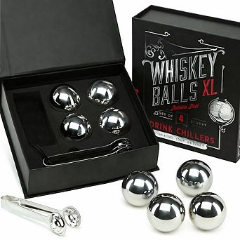 4 XL Stainless Steel Whiskey Ice Balls with Tongs & Freezer Pouch - Luxury Gift Box