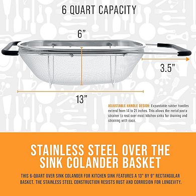 6-Quart Collapsible Stainless Steel Colander with Expandable Handles & Fine Mesh Sieve