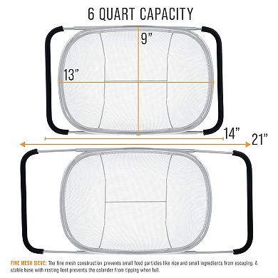 6-Quart Collapsible Stainless Steel Colander with Expandable Handles & Fine Mesh Sieve