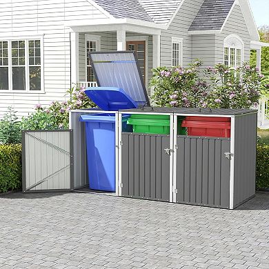 Liyarya Outdoor Metal Garbage Can Sheds for 3 Trash Bins Pneumatic Support Rod, Lockable Doors