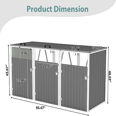 Liyarya Outdoor Metal Garbage Can Sheds for 3 Trash Bins Pneumatic Support Rod, Lockable Doors