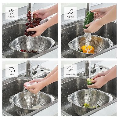 5QT Stainless Steel Microwell Colander with Handle for Washing Vegetables, Rice & Pasta
