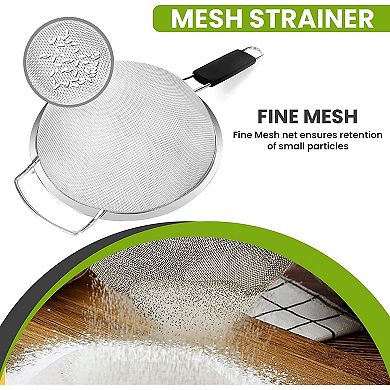 9" Stainless Steel Mesh Strainer with Rubber Handle Perfect for Pasta, Quinoa, & Rice