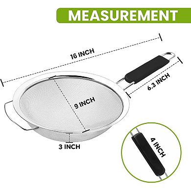 9" Stainless Steel Mesh Strainer with Rubber Handle Perfect for Pasta, Quinoa, & Rice
