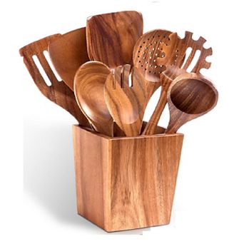 Handmade Acacia Wood Cooking Spoon Set, Heat Resistant, Smooth Finish, Gift Ready with Holder