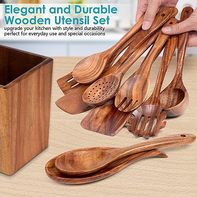 Handmade Acacia Wood Cooking Spoon Set, Heat Resistant, Smooth Finish, Gift Ready with Holder