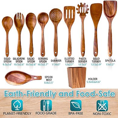 Handmade Acacia Wood Cooking Spoon Set, Heat Resistant, Smooth Finish, Gift Ready with Holder