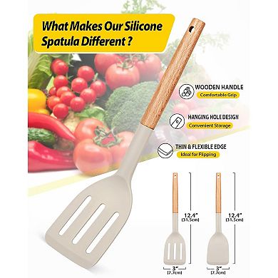 2-Pack Silicone Slotted Spatulas with Wooden Handles, Heat-Resistant, Non-Stick