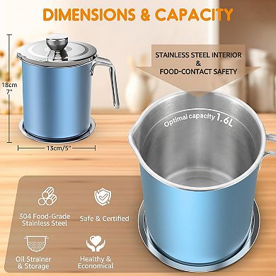 Stainless Steel Bacon Grease Container with Mesh Strainer & Non-Slip Tray, 2L