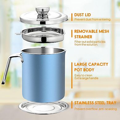 Stainless Steel Bacon Grease Container with Mesh Strainer & Non-Slip Tray, 2L