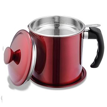 48 oz Red Stainless Steel Bacon Grease Container with Strainer, Lid & Handle