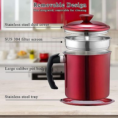 48 oz Red Stainless Steel Bacon Grease Container with Strainer, Lid & Handle