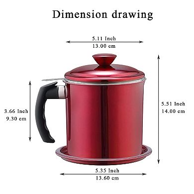 48 oz Red Stainless Steel Bacon Grease Container with Strainer, Lid & Handle