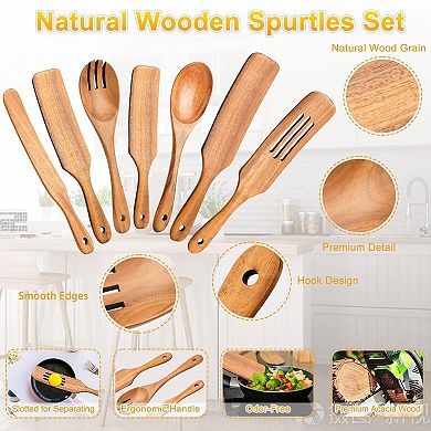 7-Piece Wooden Spurtle Set, Heat-Resistant Utensils for Cooking & Sourdough Starter